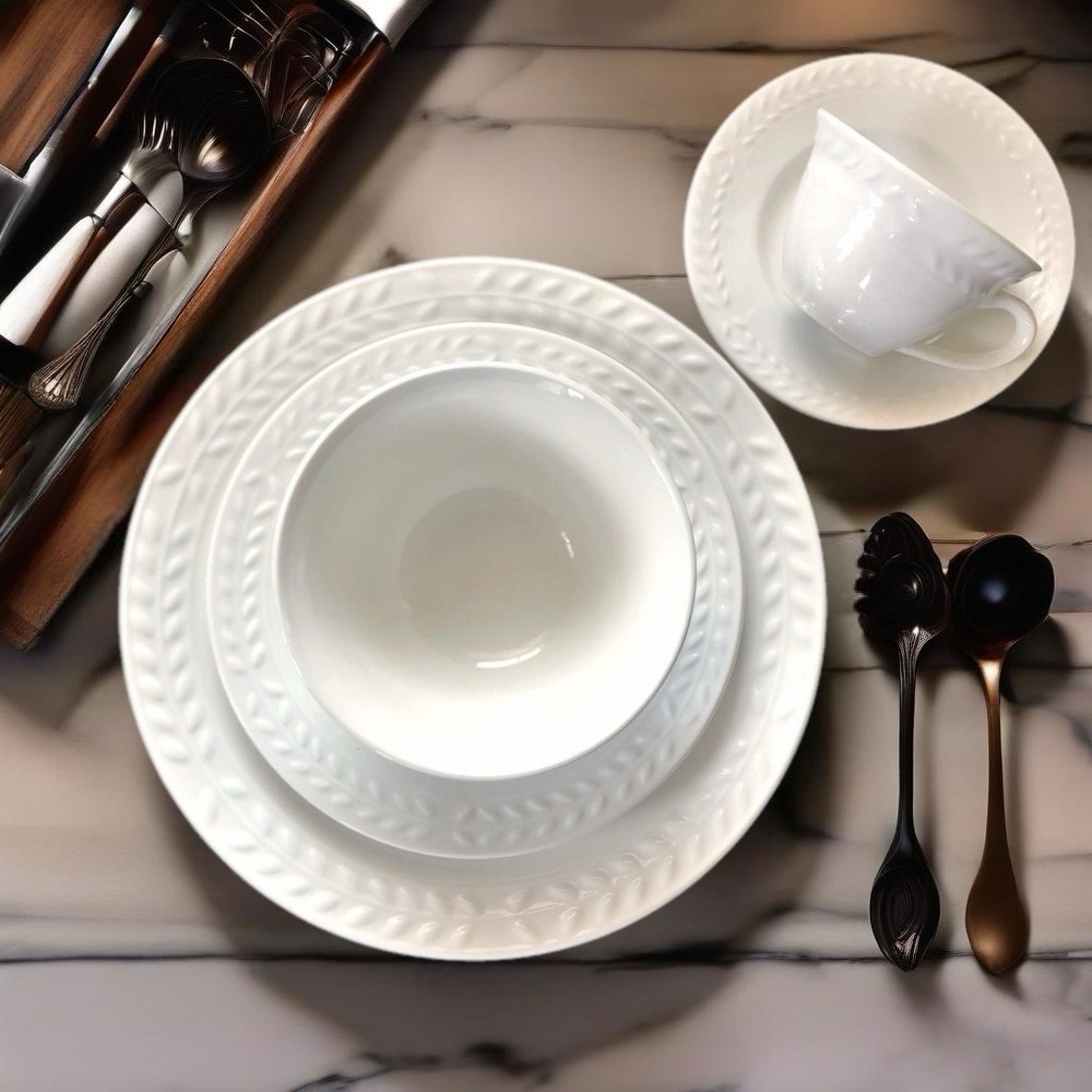 Gibson Nobilis Solid White Embossed Laurel Porcelain 5 Piece Place Setting